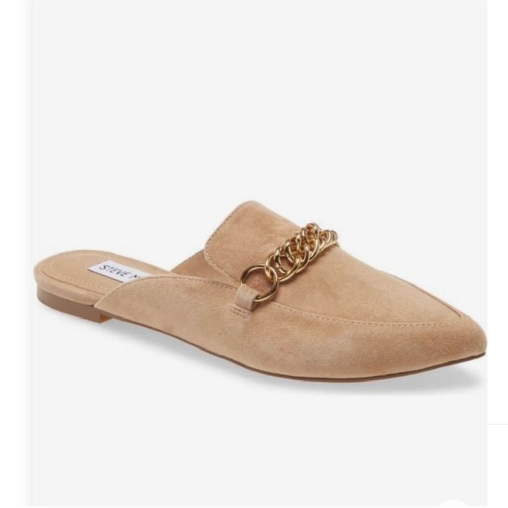 SOLD Steve Madden Tan Suede Mules with Gold Accent